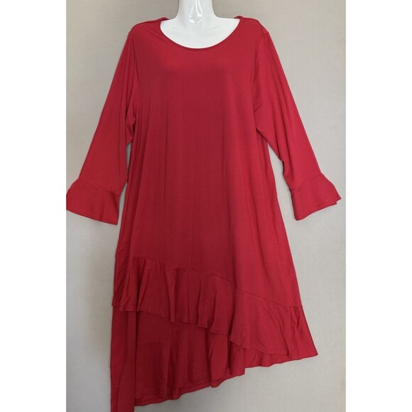 Soft Surroundings Lucia Dress Plus 1X Red Womens Asymmetrical Ruffle Tiered Hem - Picture 2 of 10